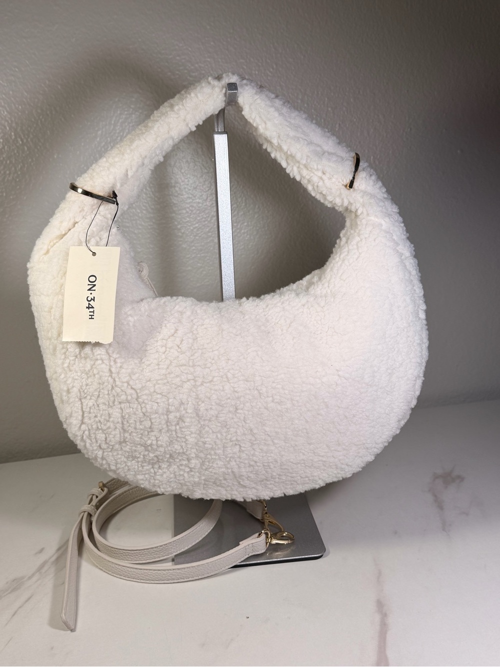 Cozy White Teddy Shoulder Bag with Detachable Strap